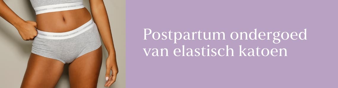 Postpartum ondergoed van elastisch katoen – Vrouw draagt grijs ondergoed met witte band